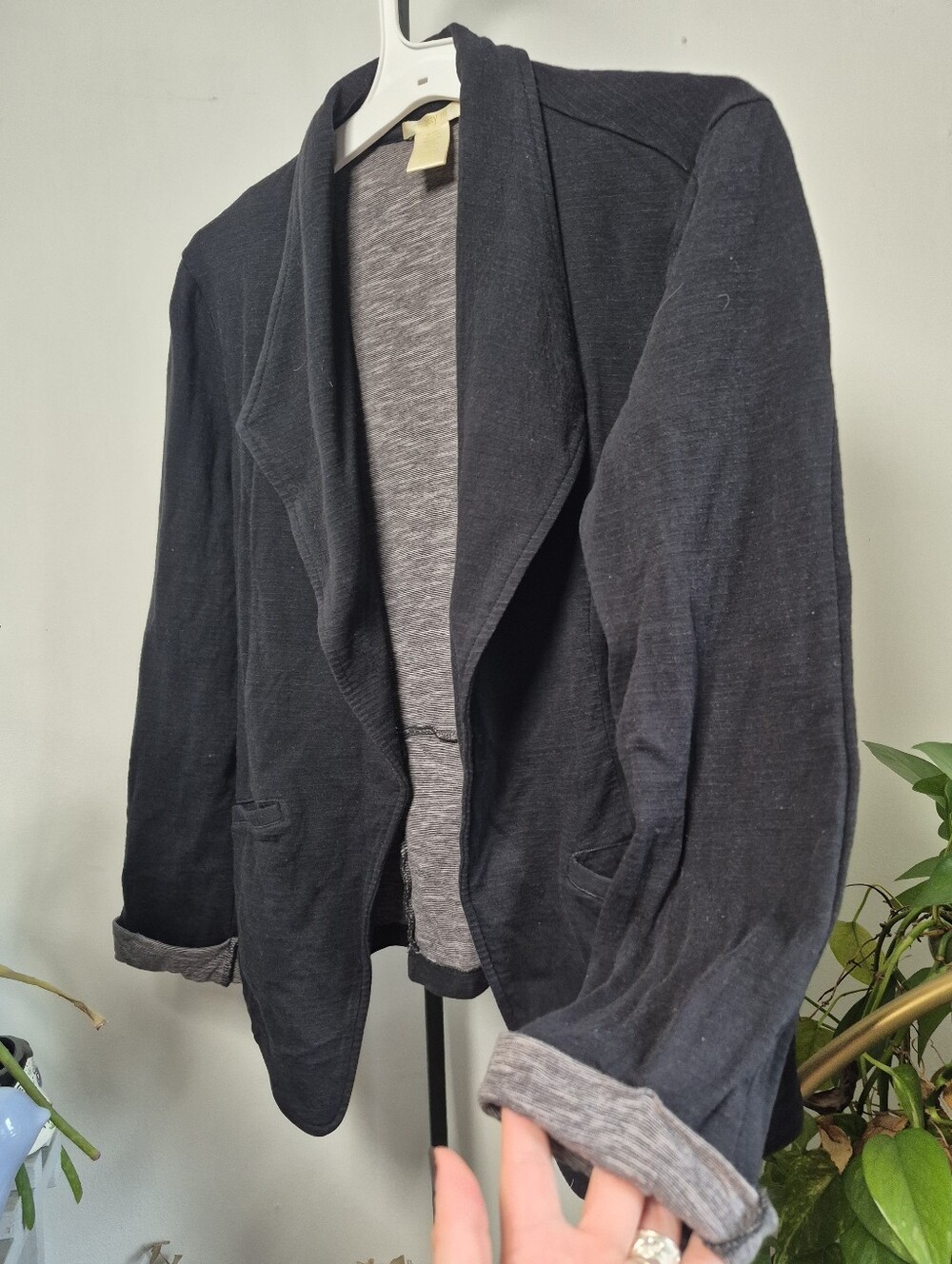 Matty M Black Open-Front Lightweight Knit  Blazer with Gray Stripe Lining